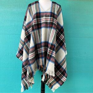 VINTAGE WOOL Plaid Fringe Throwover Long Poncho Made in USA READ